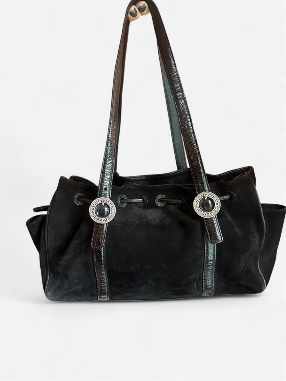 Y2K Brighton Women's Leather-Trim Suede Shoulder Slouchy Bag